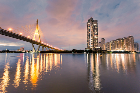 beauty of the Bhumibol bridge image before twilight sunset bangkok thailandのeditorial素材