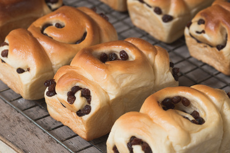 Thai bakery closeup bakery baked Raisin bread backgroundの写真素材