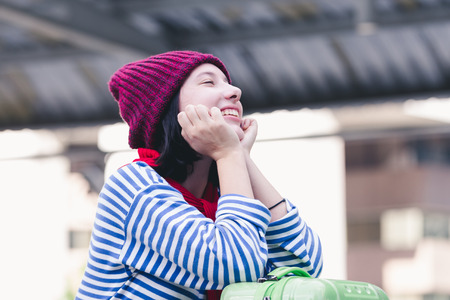 Portrait beautiful young girl russian enjoying smell traval in winter bangkok city thailand