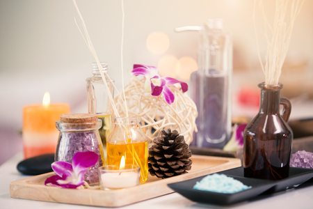Spa composition setting with candle in room,Spa products conceptの写真素材