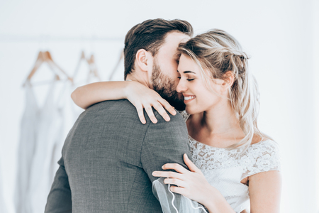 Beautiful model wedding couple in studio shop picture vintage style toneの写真素材