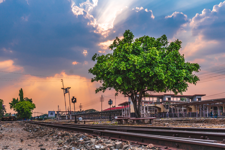 outdoor landscape railway train station sunset backgroundの写真素材