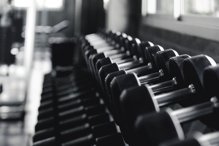 Background view back and white equipment dumbbells on rack in the gym sport centerの写真素材