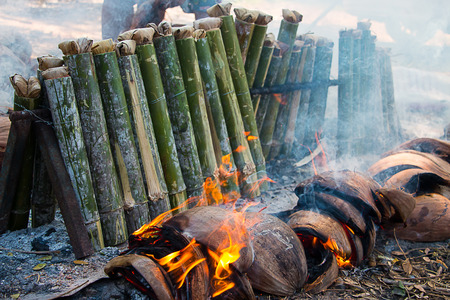 Grilled sticky rice in bamboo.の写真素材