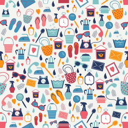 Retro stuff color seamless flat icon pattern. Trend pictogram set. trend background.のイラスト素材