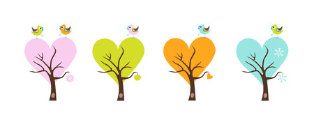 Four season trees with Singing Birds. Stylized happy cartoon illustration. Flat color vector design. Child theme.のイラスト素材