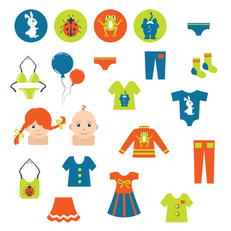 Set of modern children's clothes icon. Dress children. Vector.のイラスト素材