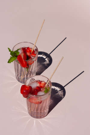 Strawberry soda on plain backgroundの写真素材