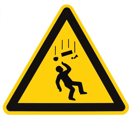 Danger Falling Objects Warning Sign Isolated, black drop triangle over yellow, large macro Danger Falling Objects Warning Sign Isolated, black drop triangle over yellow, large macro