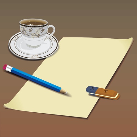 pencil-eraser-paper-tea on tableのイラスト素材