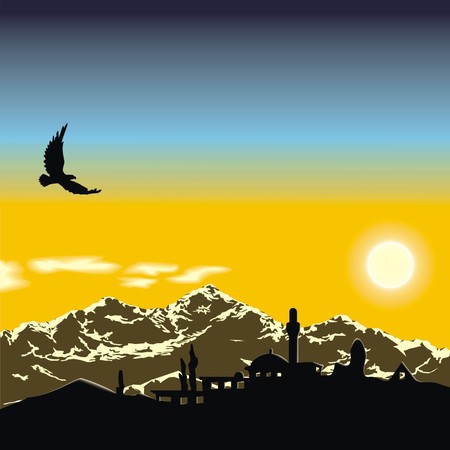 mountain village at sunsetのイラスト素材