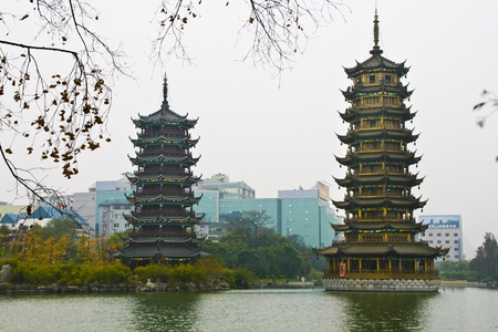 Chinese pagodas located in the middle of the pond in Guilin のeditorial素材
