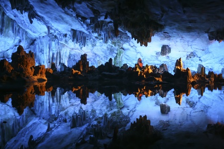 Underground lake in the Reed Flute Cave  Lu Di Yan  near Guilin in Chinaの写真素材