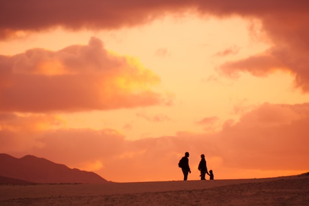Silhouette of the family on their evening trip in the desertの写真素材