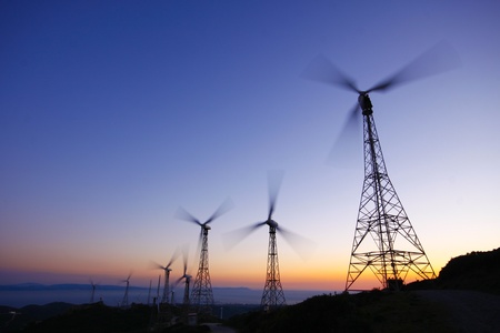 Wind turbines farm at sunset in southern Spain.