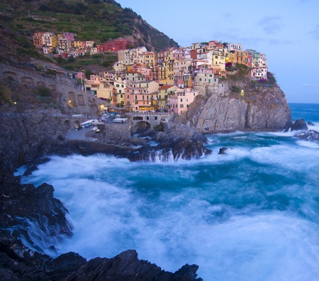 Manarola fisherman village in a dramatic wind storm  Manarola is one of five famous villages of Cinque Terre  Nationa park , suspended between sea and land on sheer cliffs upon the wild waves の写真素材