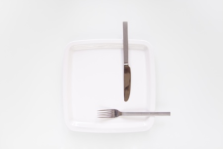 Plate, fork and knife isolated on a white background 