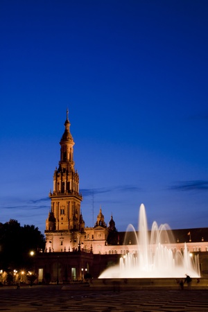 A view of the Plaza de Espana in Seville at dusk, Spainの写真素材