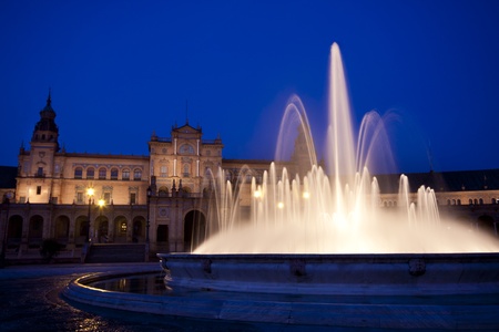 A view of the Plaza de Espana in Seville at dusk, Spainの写真素材