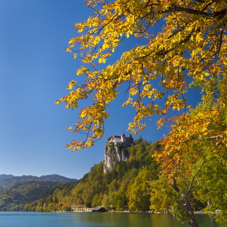 Colorful Bled in fall, with the rock top castle in the background. Sloveniaの写真素材