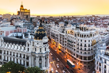 Panoramic aerial view of Gran Via, main shopping street in Madrid, capital of Spain, Europe の写真素材