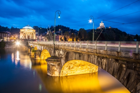 Panoramic view of bridge Vittorio Emanuele I and Chiesa della Gran Madre di Dio church in Turin, Italy, Europe. Shot in he dusk.の写真素材