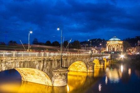 Panoramic view of bridge Vittorio Emanuele I and Chiesa della Gran Madre di Dio church in Turin, Italy, Europe. Shot in he dusk.の写真素材