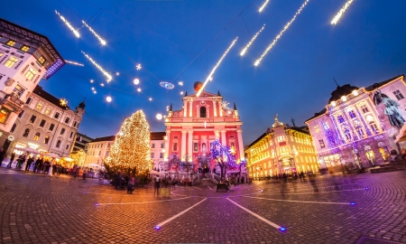 Romantic Ljubljana's city center  decorated for Christmas fairytale. Preseren's square, Ljubljana, Slovenia, Europe.の写真素材