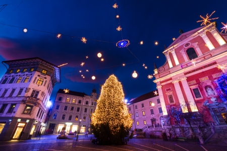 Romantic Ljubljana's city center  decorated for Christmas holiday.の写真素材