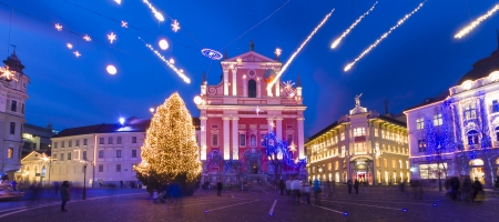 Romantic Ljubljana's city center  decorated for Christmas holiday. Preseren's square, Ljubljana, Slovenia, Europe.の写真素材