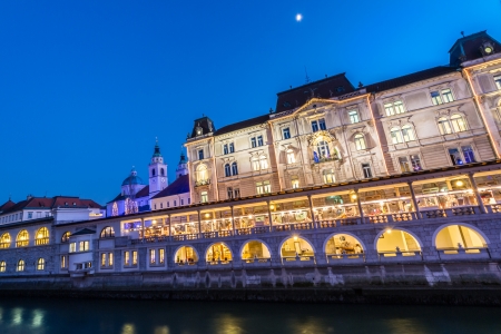 Ljubljana, Slovenia, Europe - Ljubljanica River and Central Market in dusk.の写真素材