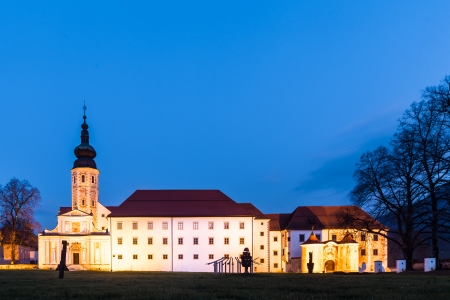 The Cistercian monastery Kostanjevica na Krki, homely appointed as Castle Kostanjevica, illuminated at dusk. Slovenia, Europe.のeditorial素材