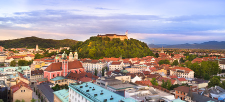 Panorama of the Slovenian capital Ljubljana at sunset; Slovenia, Europe.の写真素材
