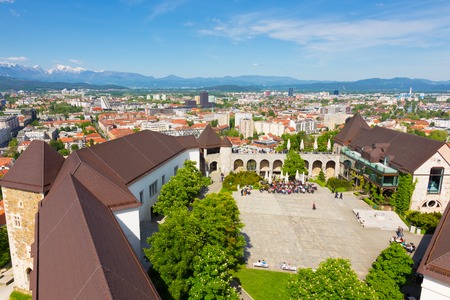 Panorama of the Slovenian capital Ljubljana and Ljubljana castle. Alps mountains in the background.の写真素材