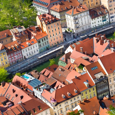 Panorama of the Slovenian capital Ljubljana at sunset. Alps mountainsの写真素材