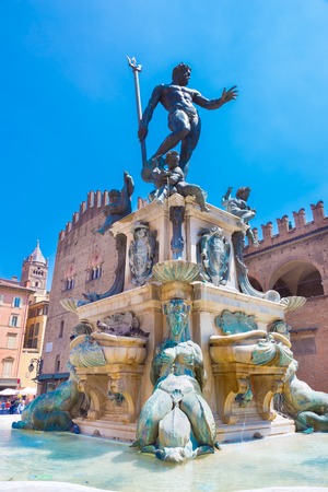 The Fountain of Neptune, monumental civic fountain located in the eponymous square Piazza Nettuno next to Piazza Maggiore in Bologna, Italy の写真素材