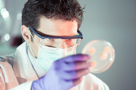 Lab coat, mask and goggles protected life science researcher observing potentially infectious cells in petri dish. Focus on scientist's eye. Healthcare and biotechnology concept.の写真素材