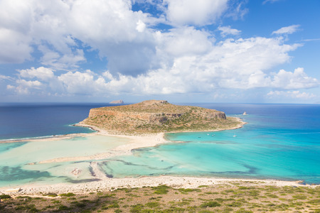 Breathtaking panorama of Balos beach and lagoon and Gramvousa island on Crete, Greece. Cap tigani in the center.の写真素材