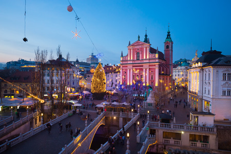 Romantic Ljubljana's city center decorated for Christmas holiday. Preseren's square, Ljubljana, Slovenia, Europe. Horizontal composition.の写真素材