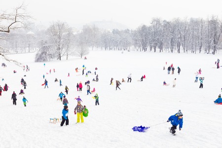 Ljubljana, Slovenia - Jan 3, 2016: Children sledding and having fun on first winter snow in Tivoli city park in Ljubljana on last day of Christmas holidays on January 3, 2016.のeditorial素材
