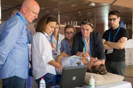 Ljubljana, Slovenia - Sept 7: Participants learning new techniques, approaches and use of ultrasound in medicine on 12th Winfocus world congress on 7th of September, 2016 in Ljubljana, Slovenia.のeditorial素材