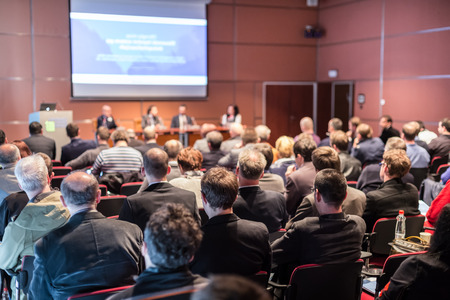 Round table discussion at Business convention and Presentation. Audience at the conference hall. Business and entrepreneurship symposium.の写真素材