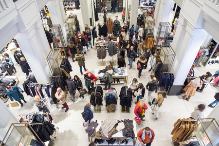 Madrid, Spain - Jan 24, 2016: Interior of Spanish Zara store on Gran Via shopping street, world's bigest fashion clothing and accessories retailer on Jan the 24th in Madrid, Spain.のeditorial素材