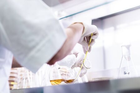 Female scientist working with laminar flow at coronavirus vaccine development laboratory research...