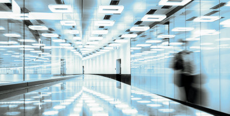 Blurred silhouette of a business traveler walking along contemporary illuminated airport terminal...