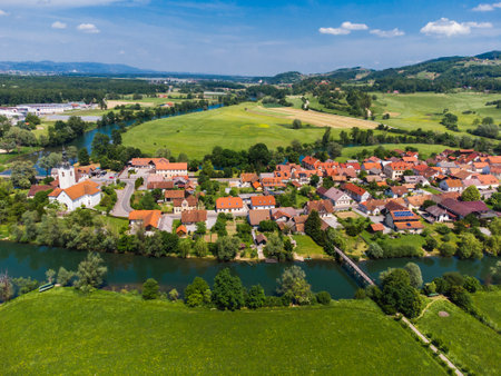 Kostanjevica na Krki Medieval Town Surrounded by Krka River, Slovenia, Europe. Aerial view.の写真素材