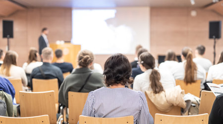 Speaker giving a talk in conference hall at business event. Rear view of unrecognizable people in audience at the conference hall. Business and entrepreneurship concept.の写真素材