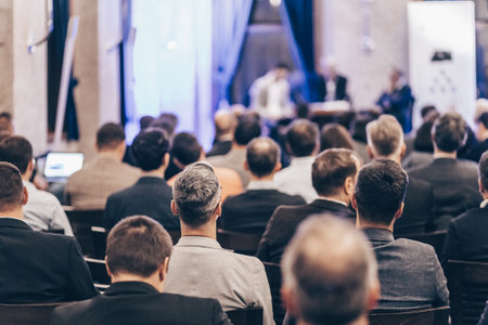 Round table discussion at business convention and Presentation. Audience at the conference hall. Business and entrepreneurship symposium.の写真素材