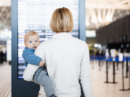 Mother traveling with child, holding his infant baby boy at airport terminal, checking flight schedule, waiting to board a plane. Travel with kids conceptの写真素材