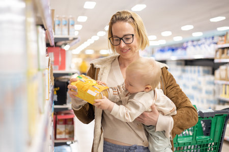 Caucasian mother shopping with her infant baby boy child choosing products in department of supermarket grocery storeの写真素材
